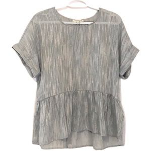 NWOT MOON RIVER Gray Metallic Gold Peplum Button Back Blouse Short Sleeved Top S